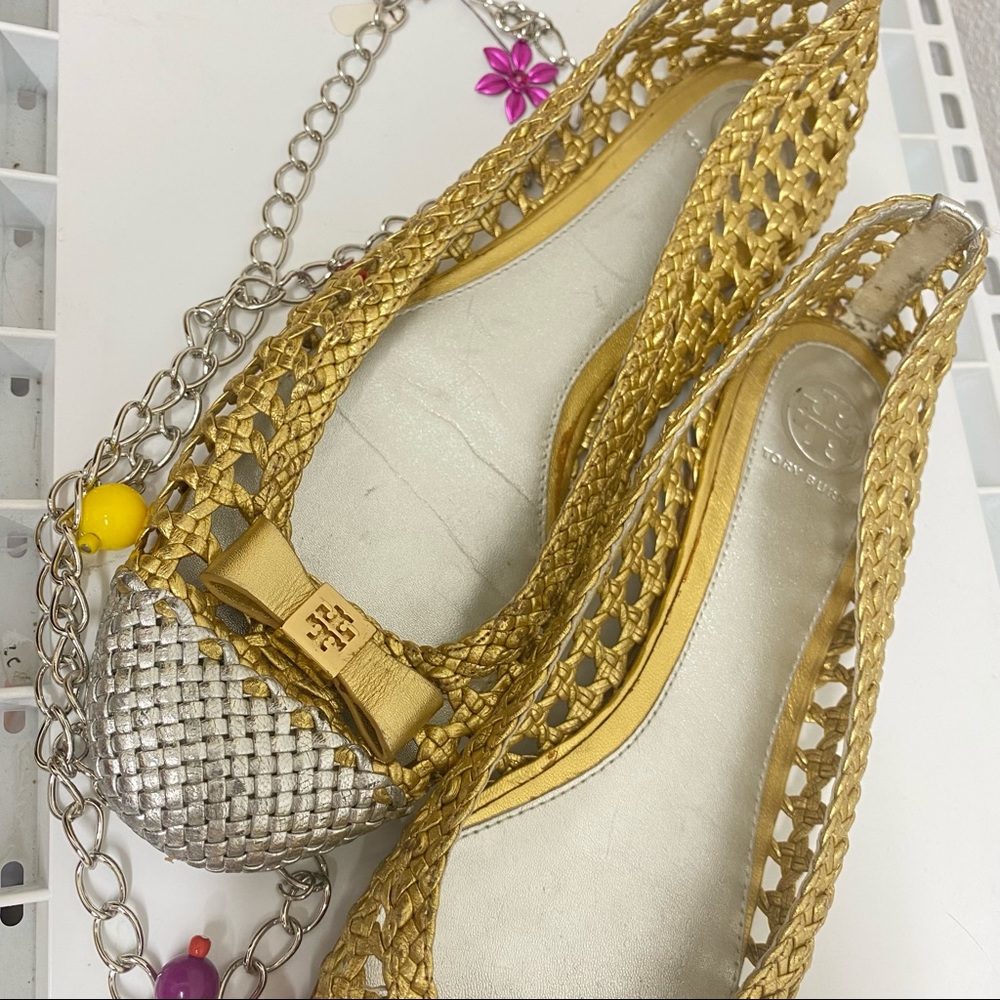 TORY BURCH woven gold & silver ballet flat shoes 9